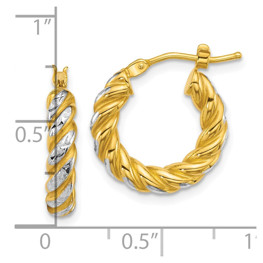 14k with White Rhodium Polished Diamond-cut Twisted 3.75mm Tube Hoop Earrings