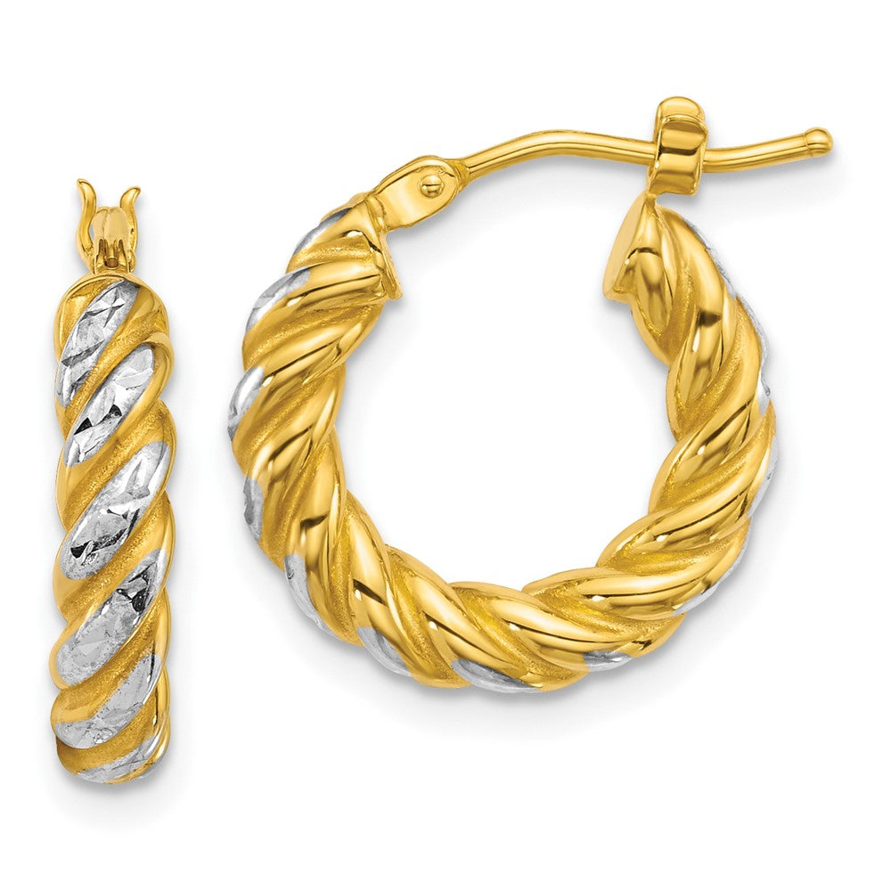 14k with White Rhodium Polished Diamond-cut Twisted 3.75mm Tube Hoop Earrings