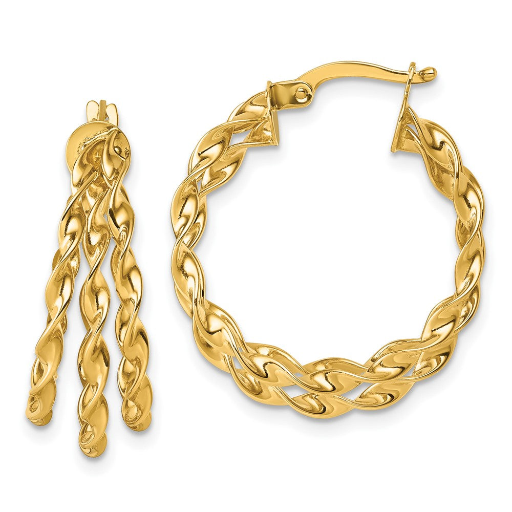 14k Polished Three Strand Circle Twisted Hoop Earrings
