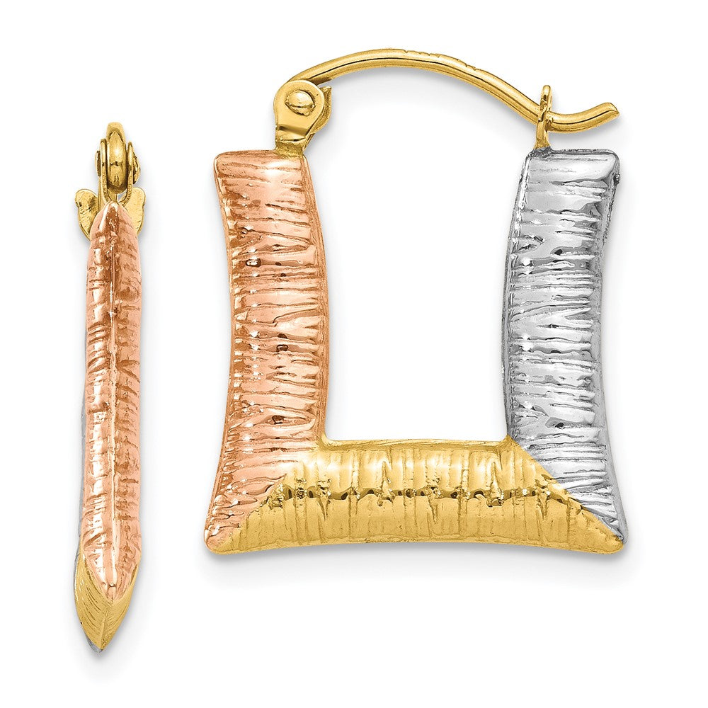 Hollow;Hinged post;14K Yellow gold & rhodium;Textured;Rose rhodium