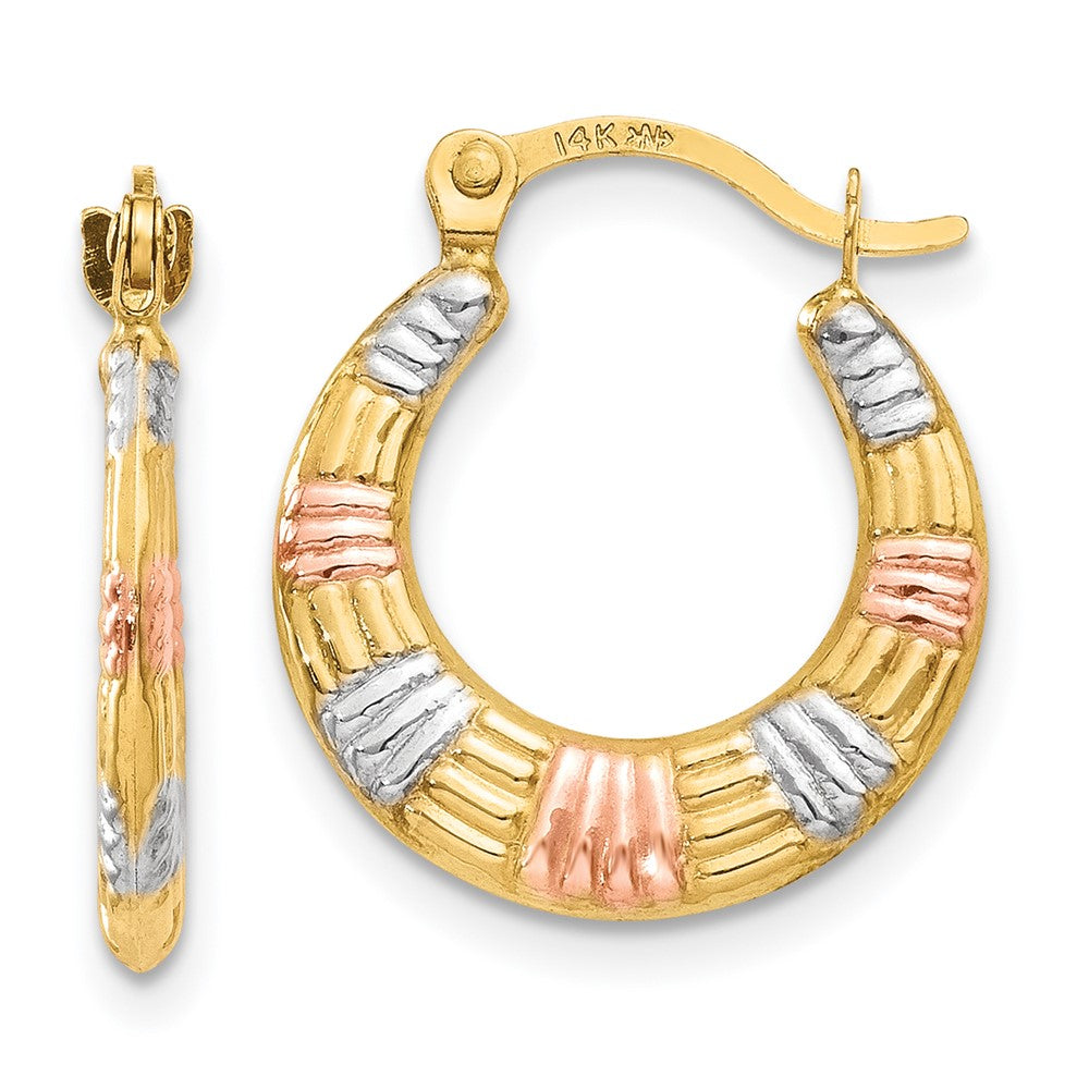 Hollow;Hinged post;14K Yellow gold & rhodium;Textured;Rose rhodium