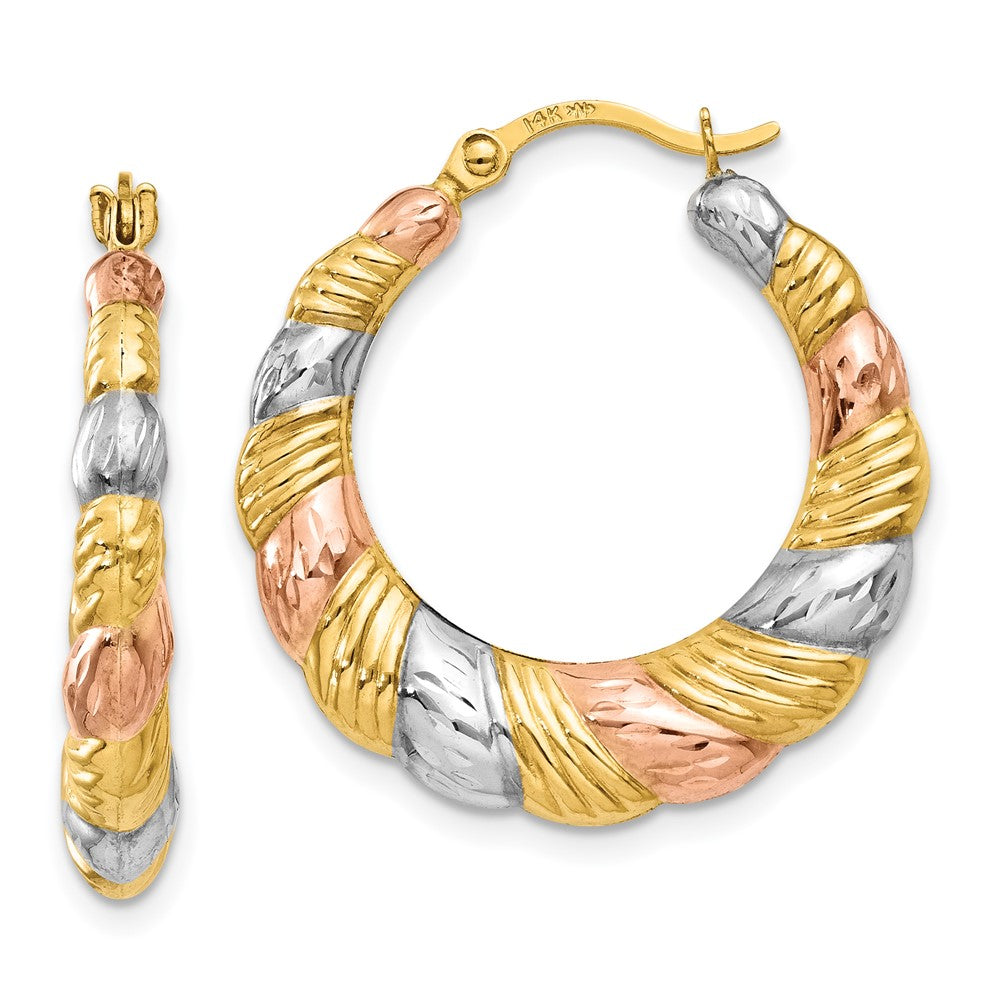 Hollow;Hinged post;14K Yellow gold & rhodium;Textured;Rose rhodium