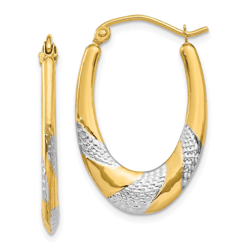 Polished;Hollow;Hinged post;14K Yellow gold & rhodium;Textured