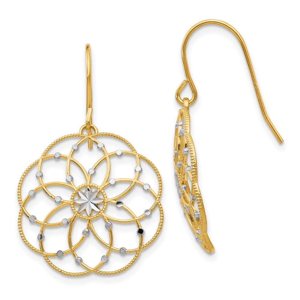 Diamond-cut;Polished;Open back;14K Yellow gold & rhodium;Shepherd hook;Dangle
