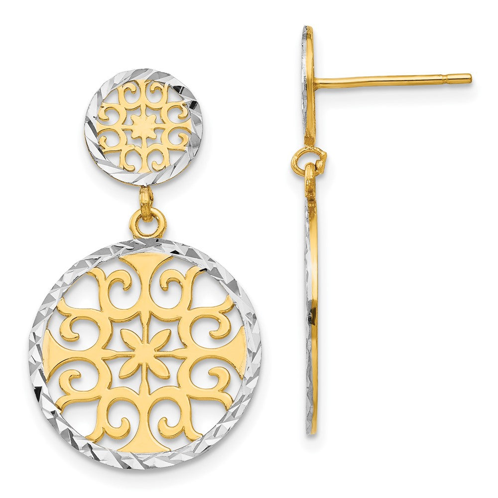 Polished;Flat back;Post;14K Yellow gold & rhodium;Dangle;Diamond Cut