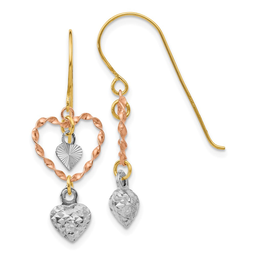 14K Tri-color;Shepherd hook;Textured;Dangle;Diamond Cut