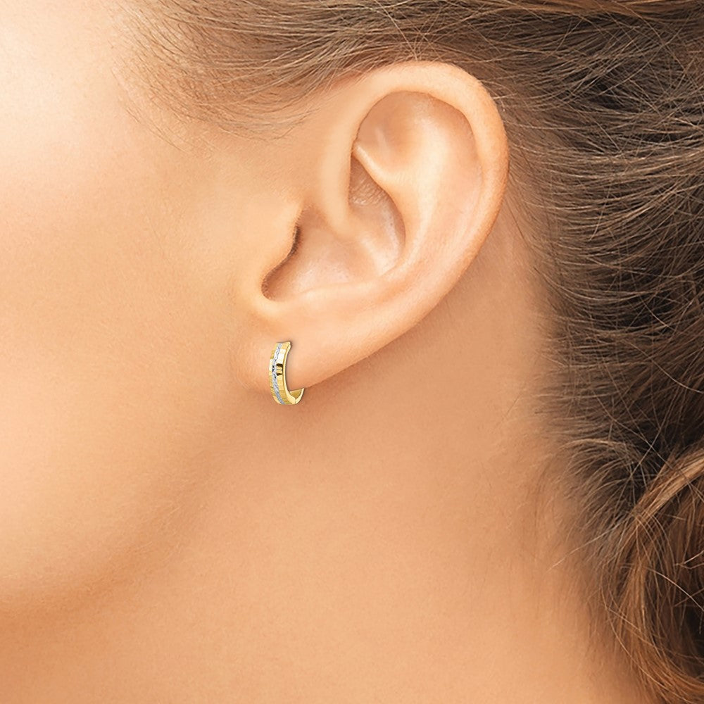 14k w/Rhodium Diamond-cut 3x12mm Hinged Hoop Earrings