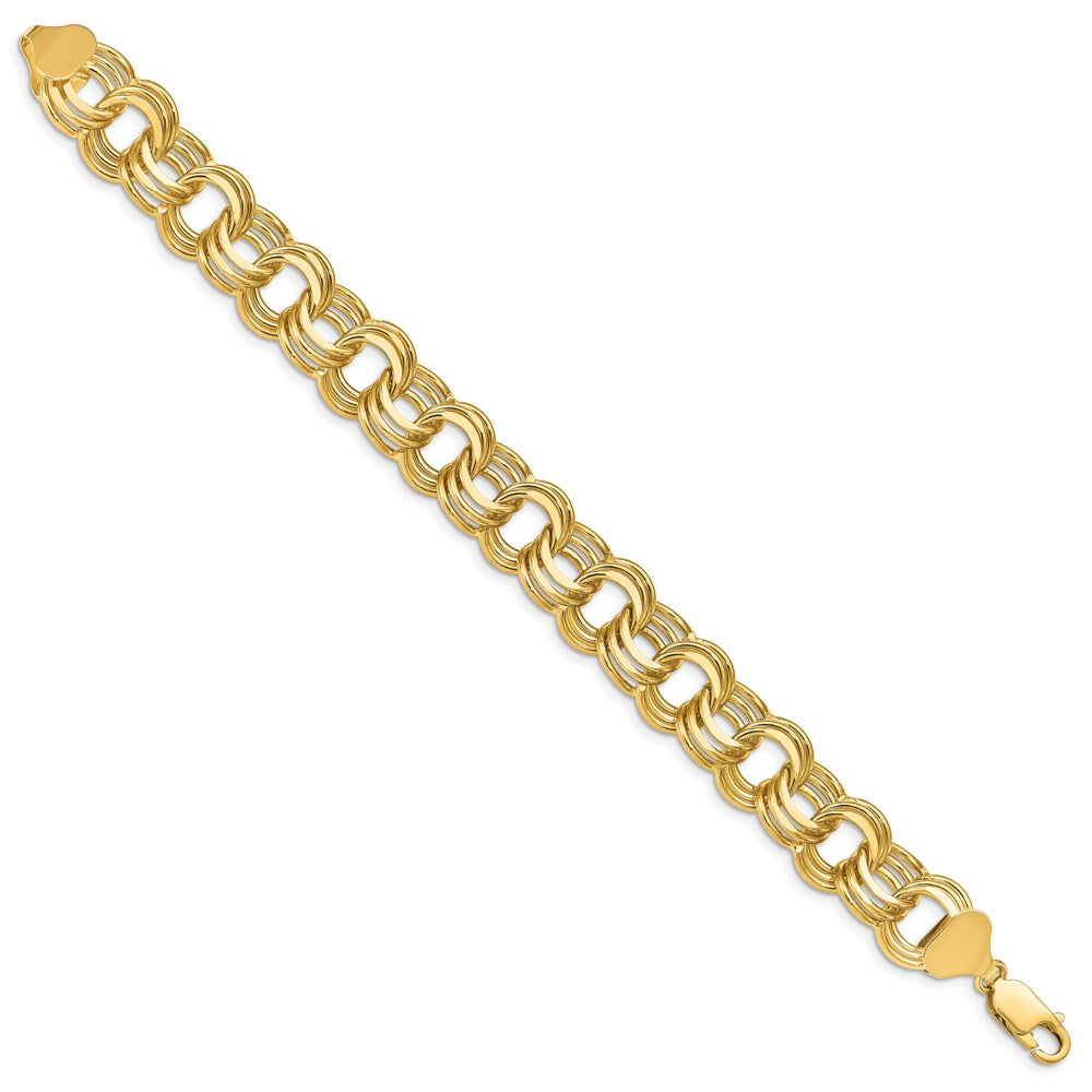 14k 14mm Solid Triple Link 7.5 inch Charm Bracelet