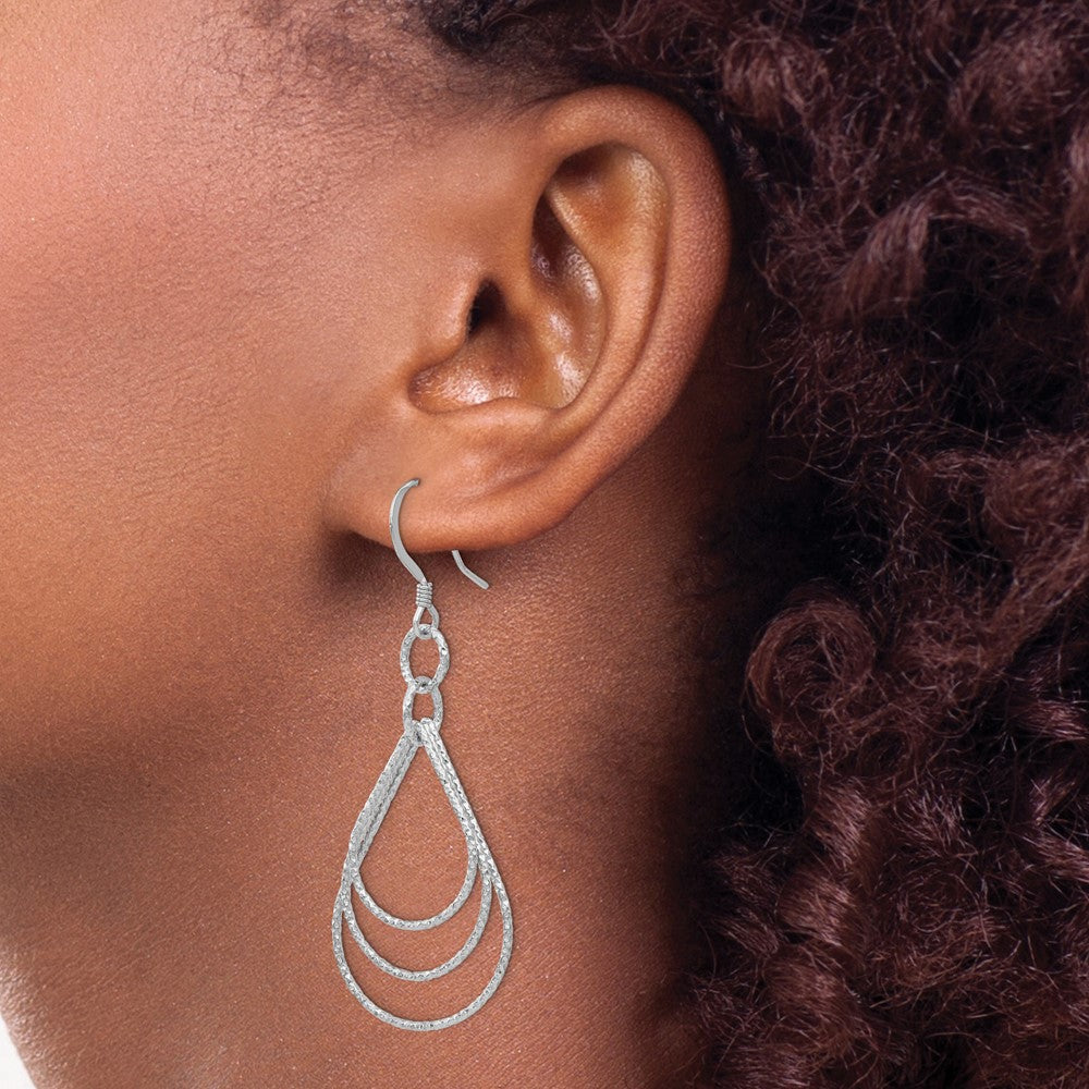 Sterling Silver Rhod-pltd  Textured Shepherd Hook Dangle Earrings