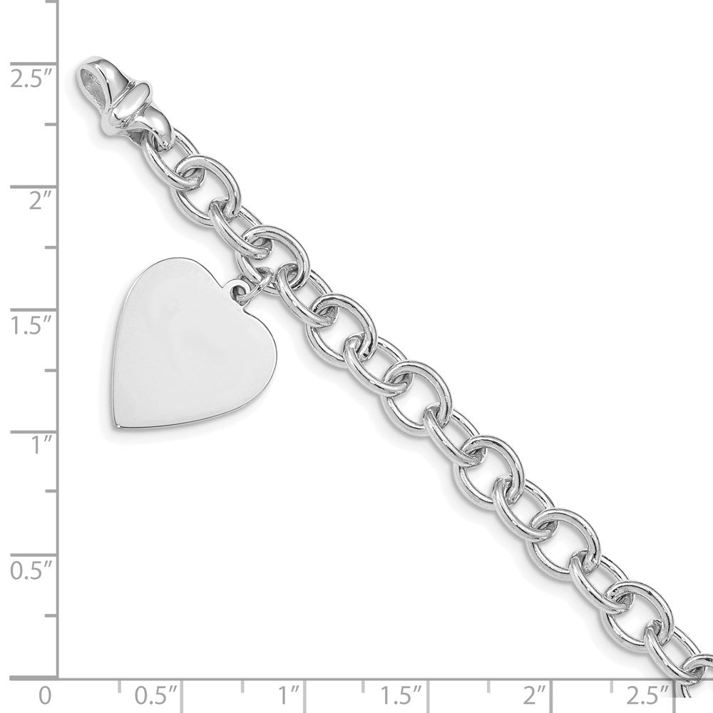 14k White Gold Engravable 23x17mm Solid Dangle Heart Charm and Solid Polished Link 7.5 inch Bracelet