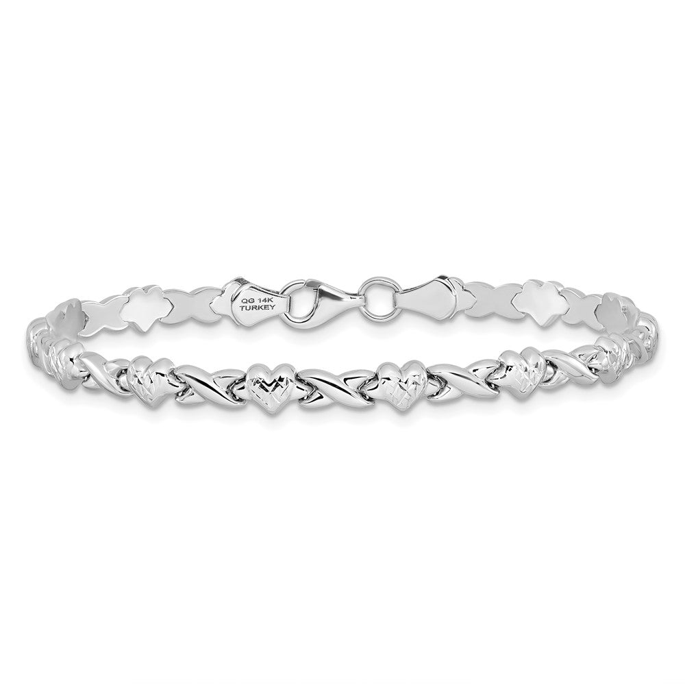 14k White Gold Polished Diamond-cut X-and-Heart 8 inch Bracelet