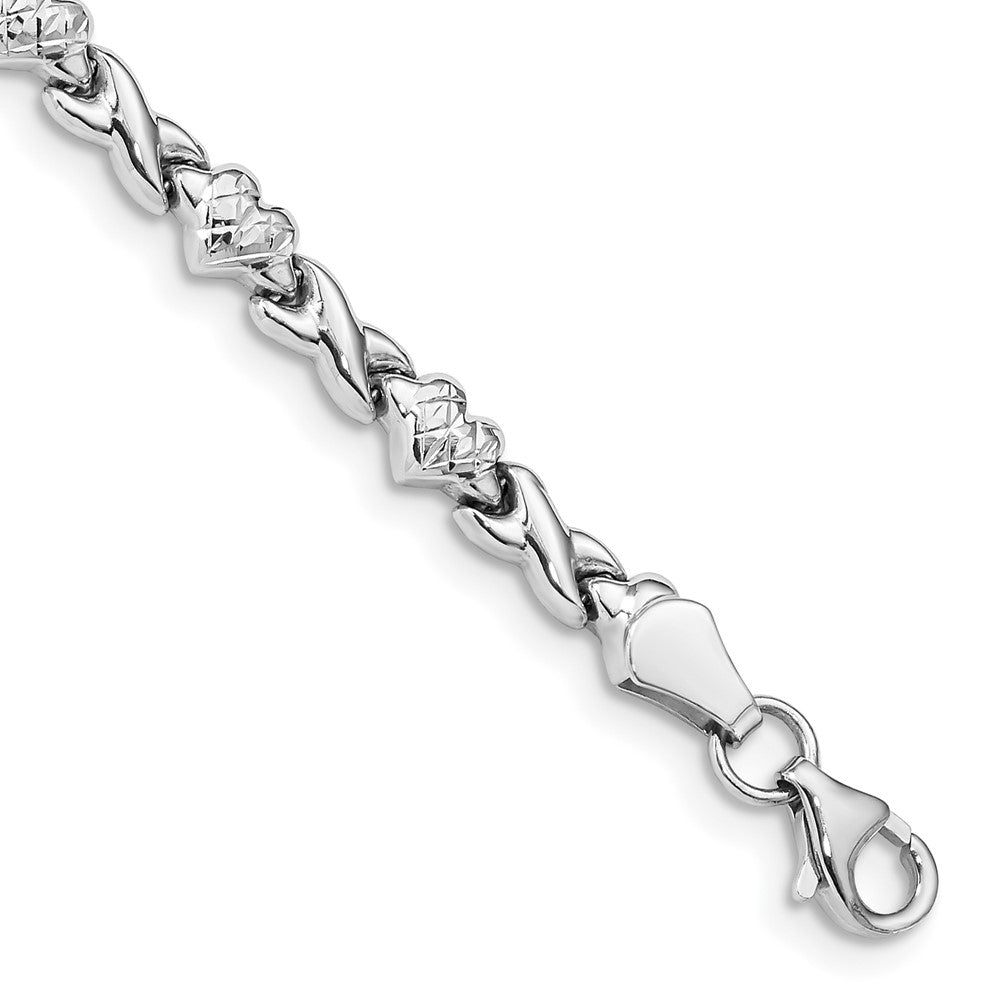 14k White Gold Polished Diamond-cut X-and-Heart 8 inch Bracelet