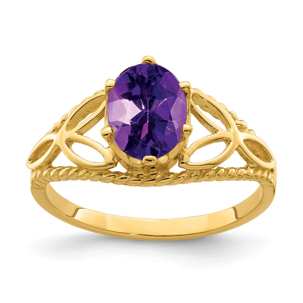 Casted;Polished;14k Yellow gold;Genuine;In-house sizing;Amethyst;Diamond;Avail. in 14k white gold;Prong set