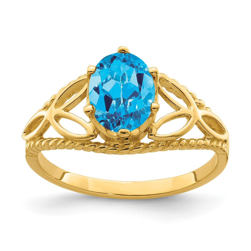 Casted;Polished;14k Yellow gold;Genuine;In-house sizing;Blue topaz;Diamond;Avail. in 14k white gold;Prong set