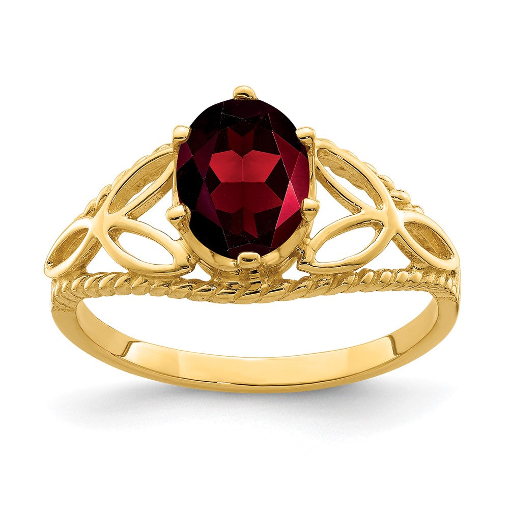 Casted;Polished;14k Yellow gold;Genuine;In-house sizing;Diamond;Garnet;Avail. in 14k white gold;Prong set