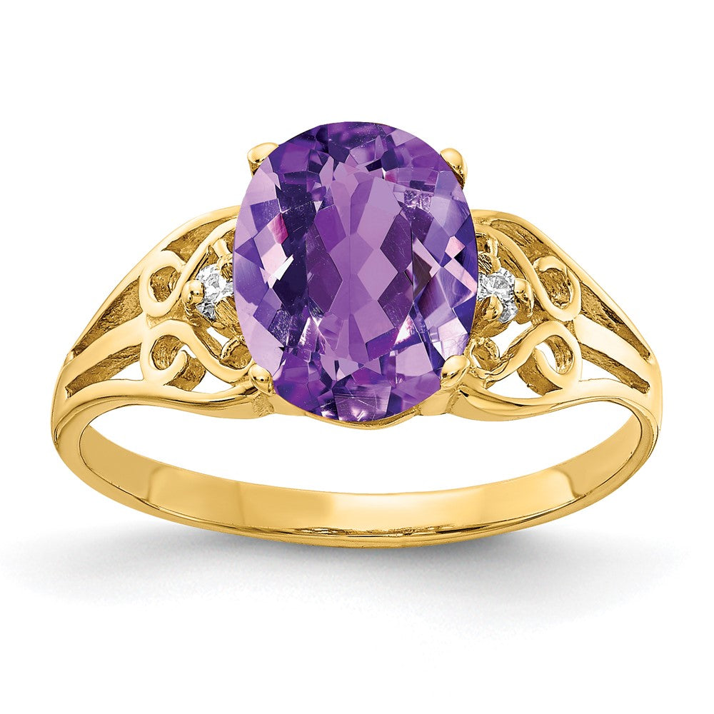 Casted;Polished;14k Yellow gold;Genuine;In-house sizing;Amethyst;Diamond;Avail. in 14k white gold;Prong set;A quality