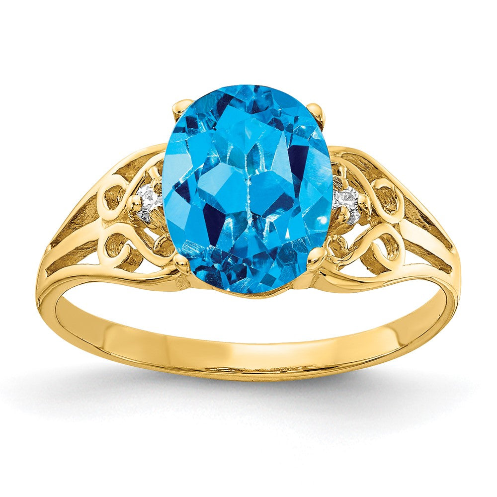 Casted;Polished;14k Yellow gold;Genuine;In-house sizing;Blue topaz;Diamond;Avail. in 14k white gold;Prong set;AA quality