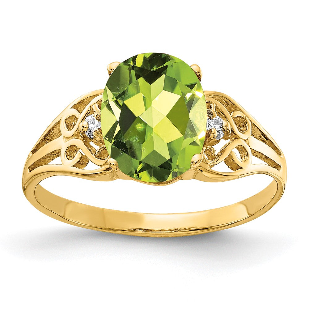Casted;Polished;14k Yellow gold;Genuine;In-house sizing;Diamond;Peridot;Avail. in 14k white gold;Prong set;AA quality