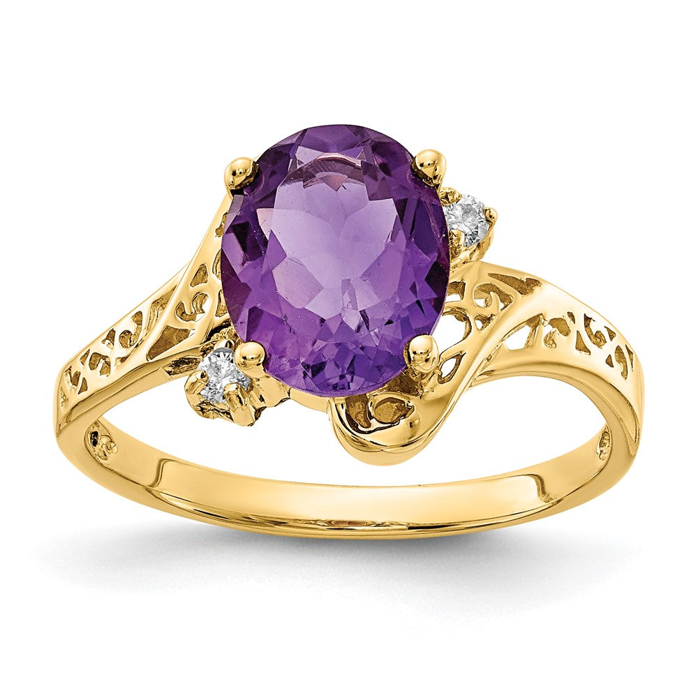 Casted;Polished;14k Yellow gold;Genuine;In-house sizing;Amethyst;Diamond;Avail. in 14k white gold;Prong set;AA quality