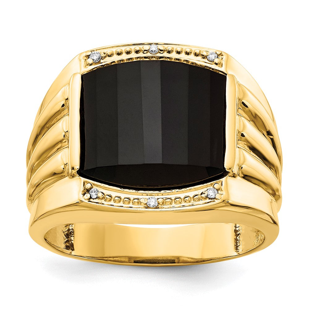 Casted;Polished;14k Yellow gold;Open back;Diamond;Onyx;Avail. in 10k yellow gold;Avail. in 18k yellow gold;Avail. in 14k white gold;Avail. in platinum;Not engraveable;Prong set;Sizing 2-3 weeks;5 sizes up, 2 sizes down;Avail. in 10k white gold;Avail. in 18k white gold;AA quality;Mens