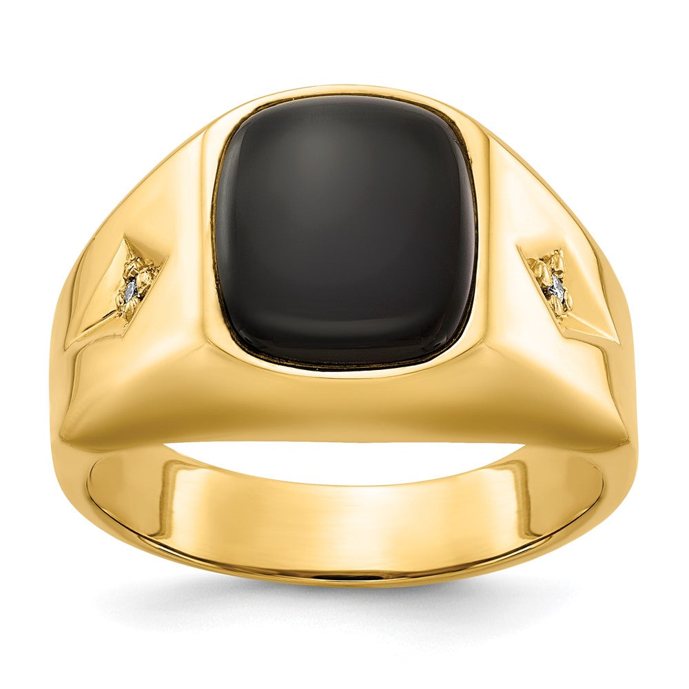 Casted;Polished;14k Yellow gold;Open back;Diamond;Onyx;Avail. in 10k yellow gold;Avail. in 18k yellow gold;Avail. in 14k white gold;Avail. in platinum;Not engraveable;Prong set;Sizing 2-3 weeks;5 sizes up, 2 sizes down;Avail. in 10k white gold;Avail. in 18k white gold;AA quality;Mens