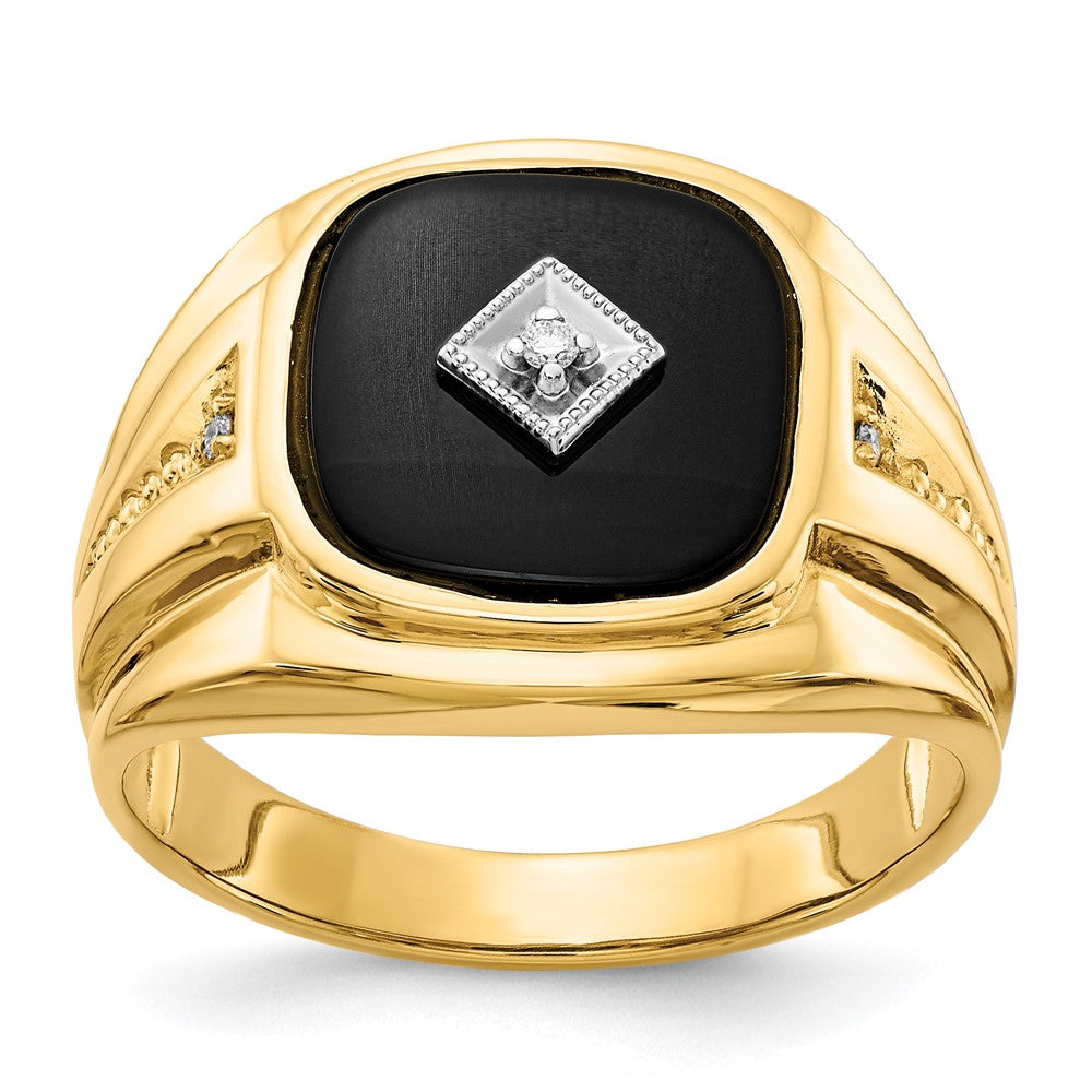 Casted;Polished;14K White gold;Open back;14K Yellow gold & rhodium;Diamond;Onyx;Avail. in 10k yellow gold;Avail. in 18k yellow gold;Avail. in 14k white gold;Avail. in platinum;Not engraveable;Prong set;Sizing 2-3 weeks;Avail. in 10k white gold;Avail. in 18k white gold;A quality;Mens;2 sizes up or down only