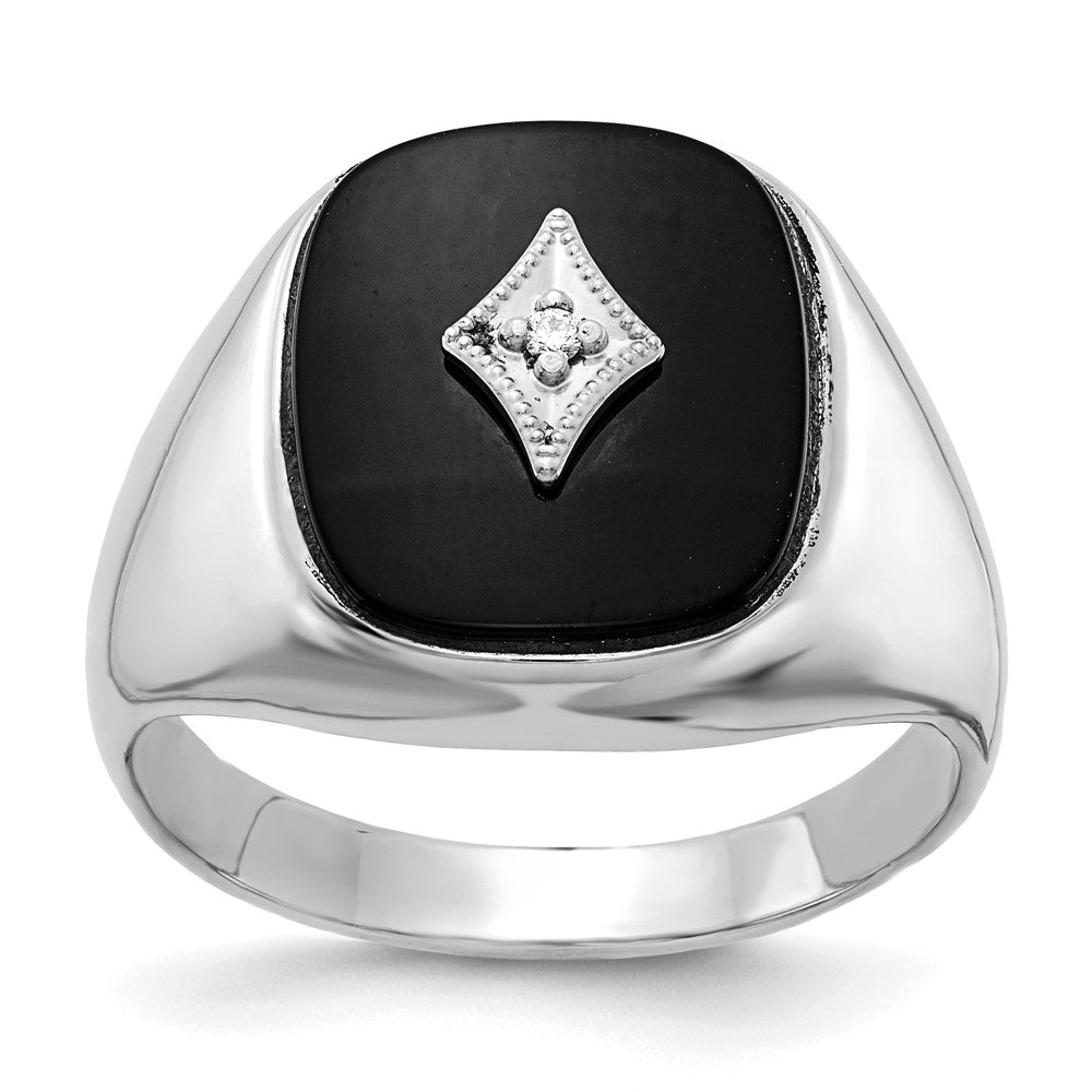 Solid;Casted;Polished;14K White gold;Closed back;Diamond;Onyx;Avail. in 10k yellow gold;Avail. in 18k yellow gold;Avail. in platinum;Not engraveable;5 sizes up, 2 sizes down;Avail. in 10k white gold;Avail. in 18k white gold;AA quality;Mens