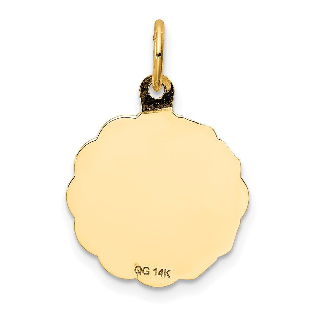14k Polished and Satin Solid MY CONFIRMATION with Dove Scalloped Edge Round Disc Pendant