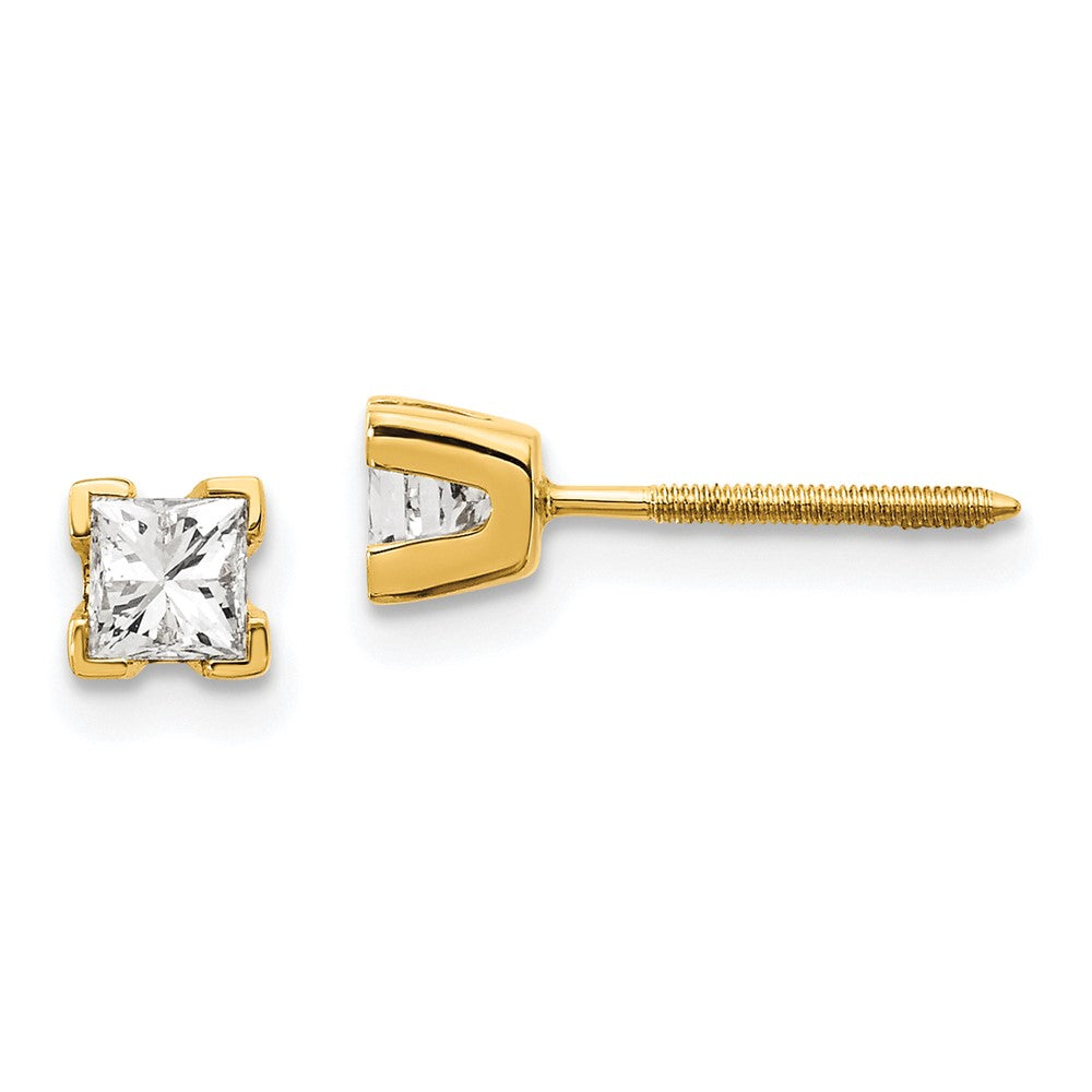 Polished;14k Yellow gold;Post;Diamond;Screw back;Princess Cut;AA quality