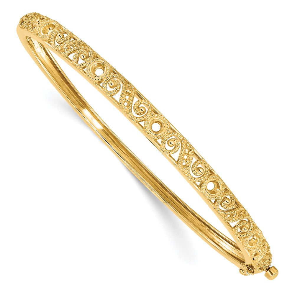 Casted;14k Yellow gold;Hinged;Avail. in 10k yellow gold;Avail. in 18k yellow gold;Avail. in 14k white gold;Avail. in platinum;Safety clasp;No safety bar;Filigree;Avail. in 18k white gold