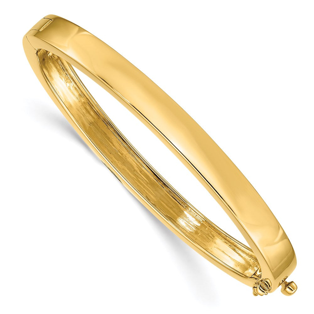 Solid;Casted;Polished;14k Yellow gold;Open back;Hinged;Safety clasp;No safety bar;Oval
