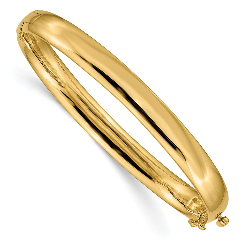 Solid;Casted;Polished;14k Yellow gold;Hinged;Safety clasp;No safety bar
