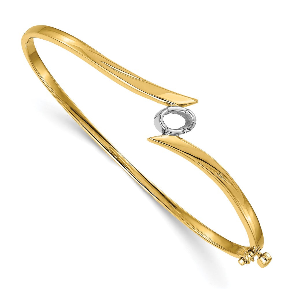 Solid;Casted;Polished;14K Two-tone;Open back;Hinged;Avail. in 14k yellow gold;Safety clasp;No safety bar