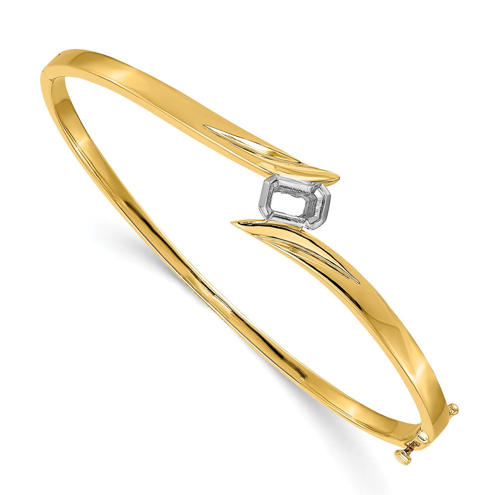 Solid;Casted;Polished;14K Two-tone;Open back;Hinged;Avail. in 14k yellow gold;Safety clasp;No safety bar
