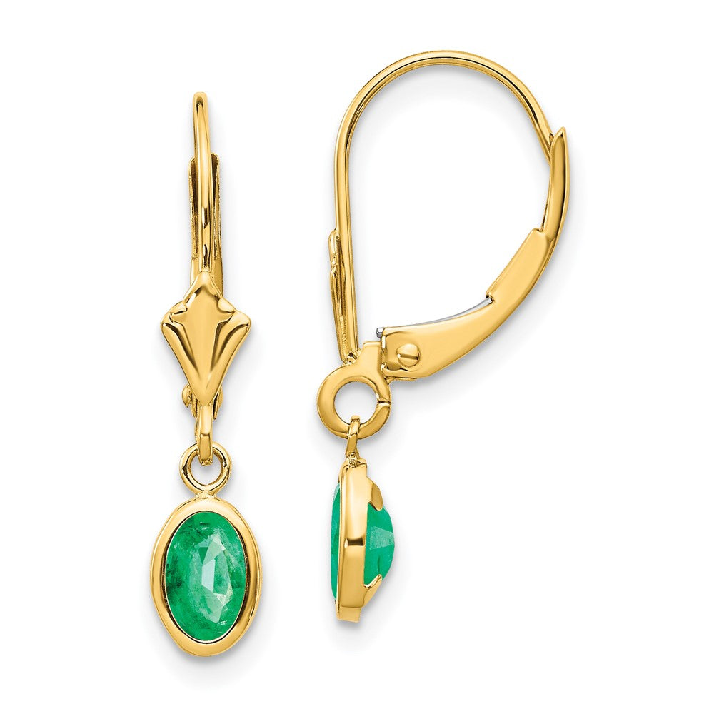 Polished;14k Yellow gold;Leverback;Genuine;Emerald;Bezel;Oval