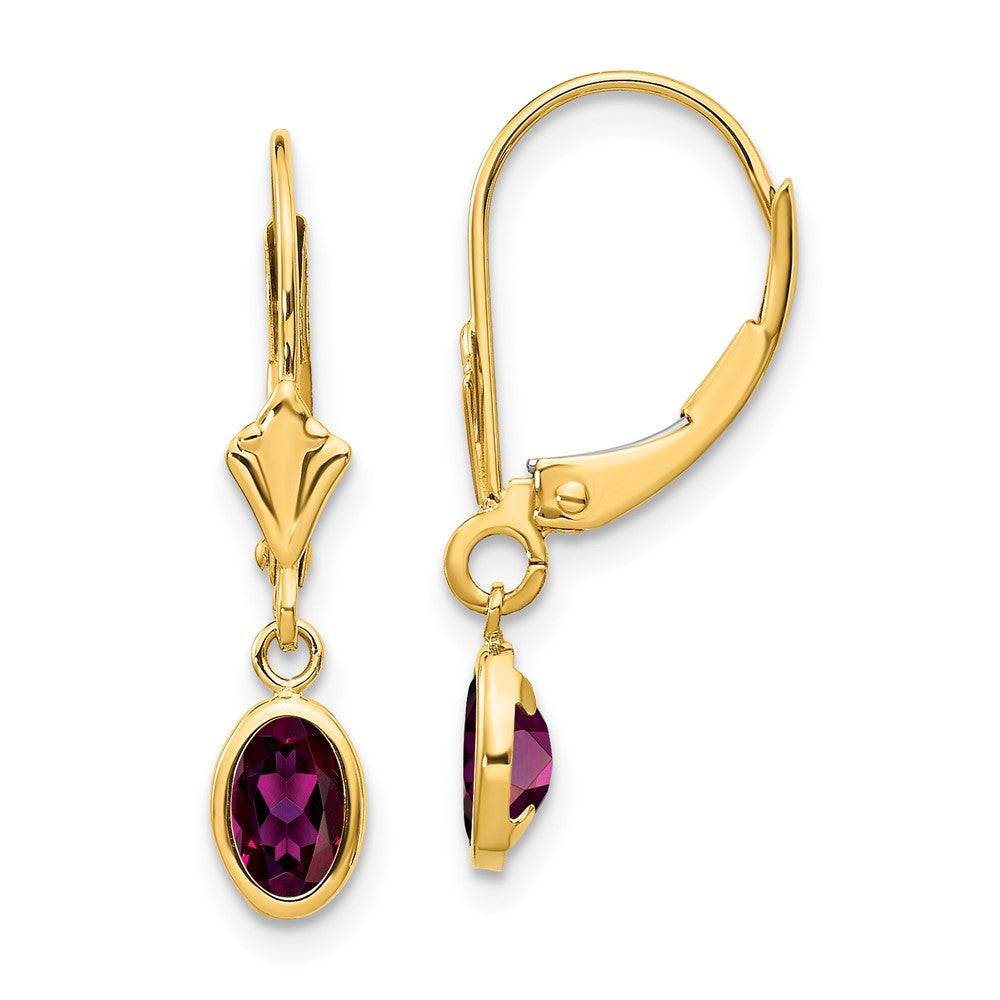 Polished;14k Yellow gold;Leverback;Genuine;Rhodolite garnet;Bezel;Oval