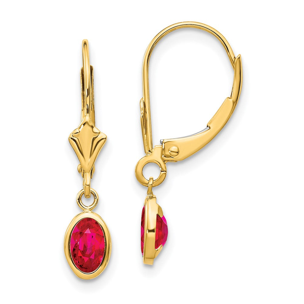 Polished;14k Yellow gold;Leverback;Genuine;Ruby;Bezel;Oval