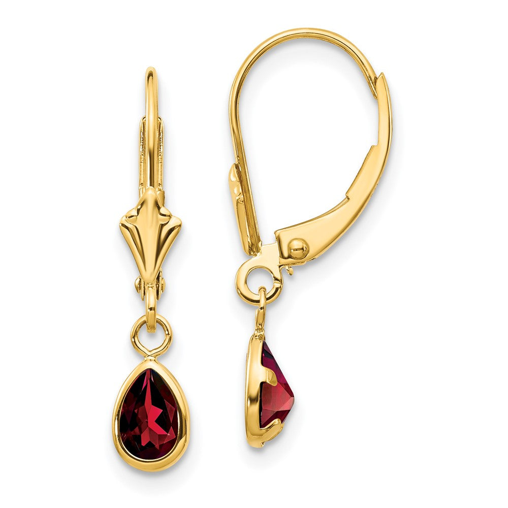 Polished;14k Yellow gold;Leverback;Genuine;Garnet;Bezel;Pear