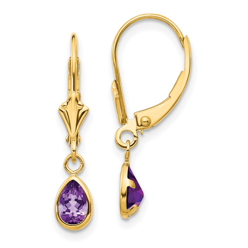 Polished;14k Yellow gold;Leverback;Genuine;Amethyst;Bezel;Pear