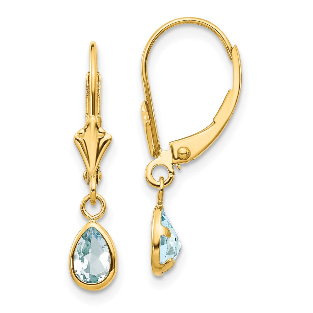 Polished;14k Yellow gold;Leverback;Genuine;Aquamarine;Bezel;Pear