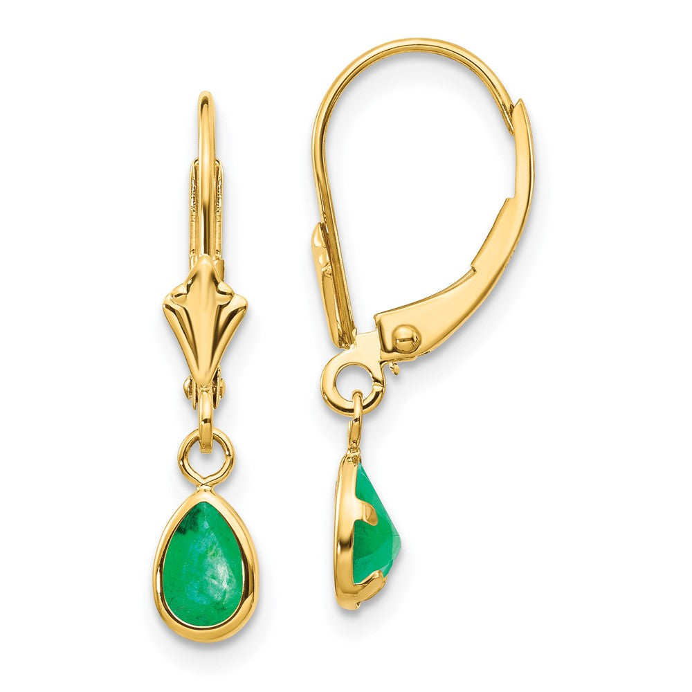 Polished;14k Yellow gold;Leverback;Genuine;Emerald;Bezel;Pear