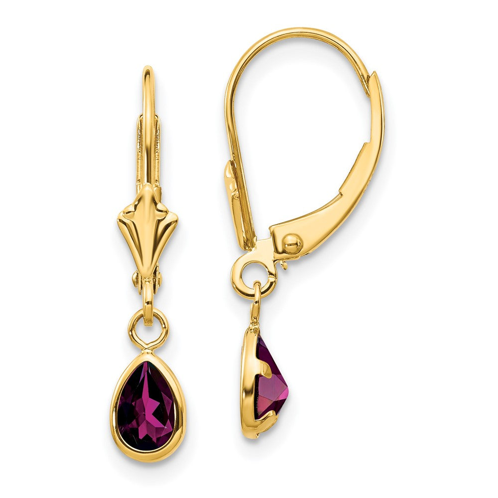 Polished;14k Yellow gold;Leverback;Rhodolite garnet;Bezel;Pear