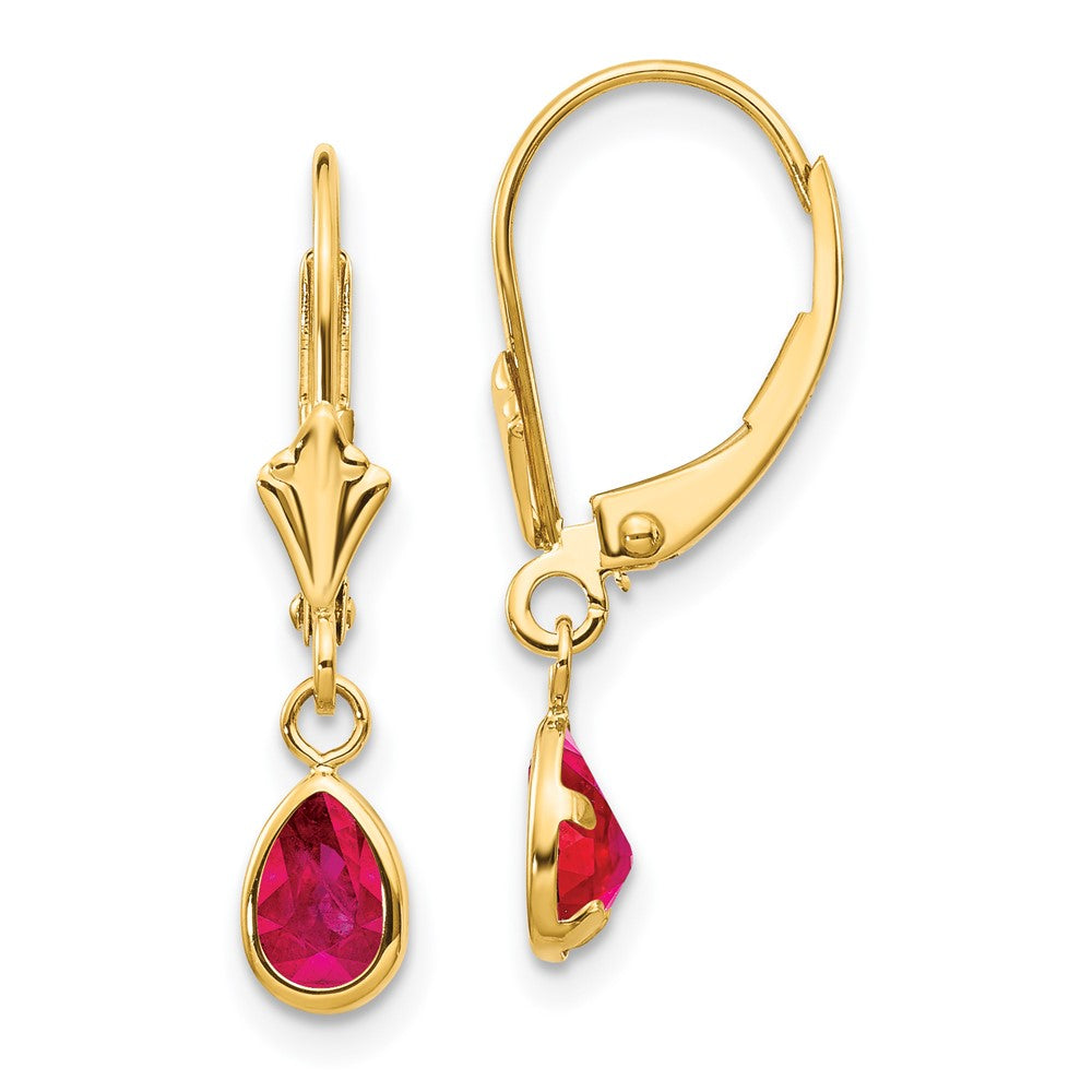 Polished;14k Yellow gold;Leverback;Genuine;Ruby;Bezel;Pear
