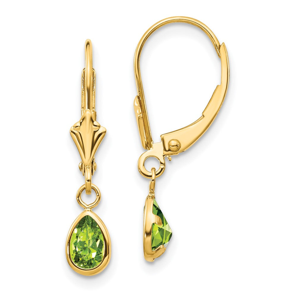 Polished;14k Yellow gold;Leverback;Genuine;Peridot;Bezel;Pear