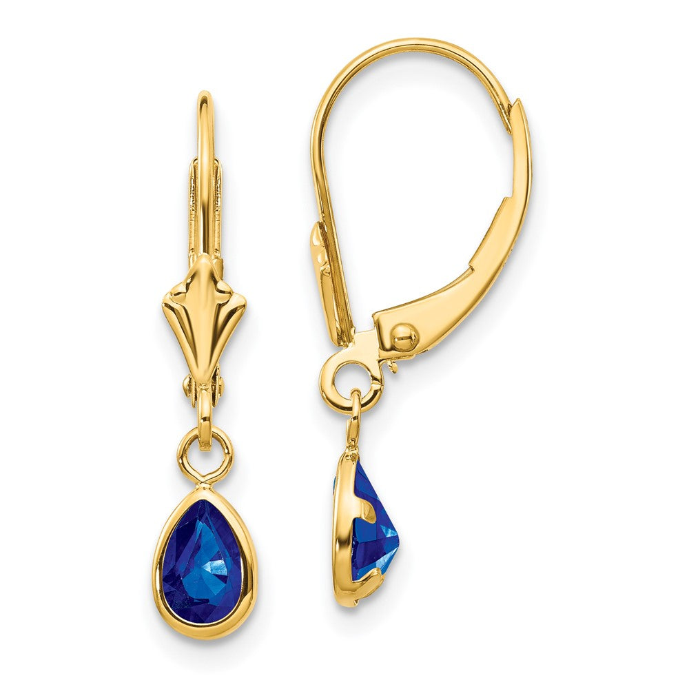 Polished;14k Yellow gold;Leverback;Genuine;Sapphire;Bezel;Pear