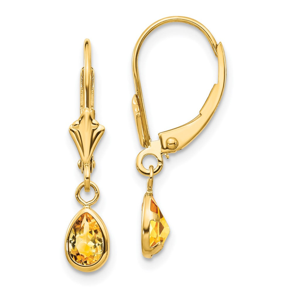 Polished;14k Yellow gold;Leverback;Genuine;Citrine;Bezel;Pear