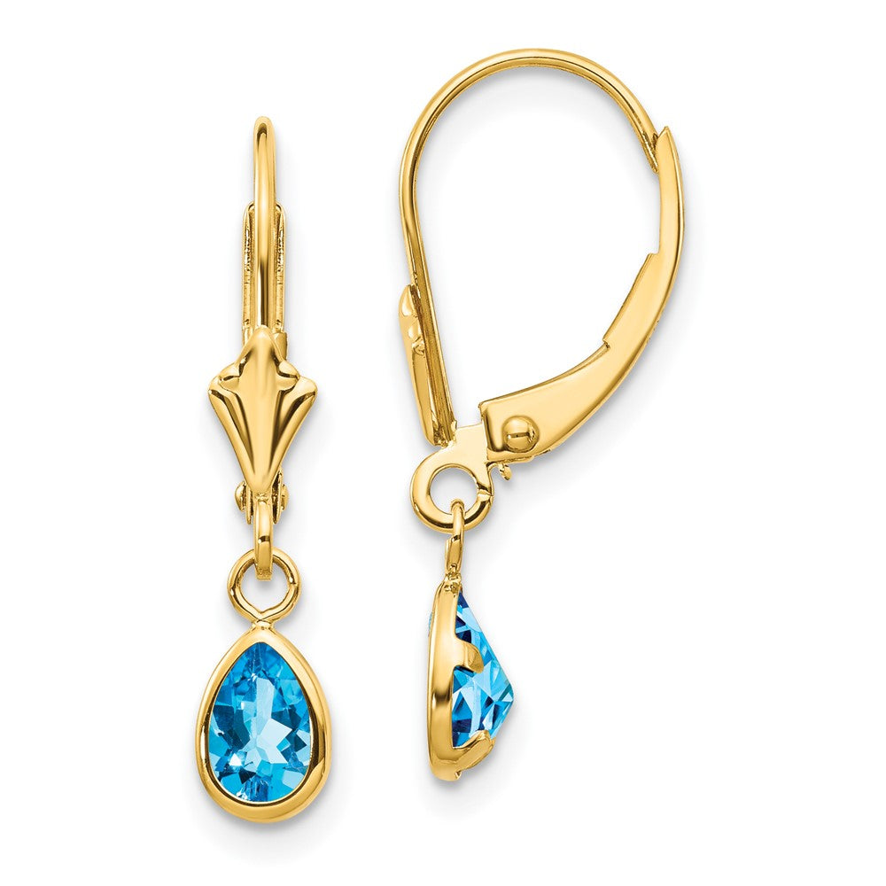 Polished;14k Yellow gold;Leverback;Genuine;Blue topaz;Bezel;Pear