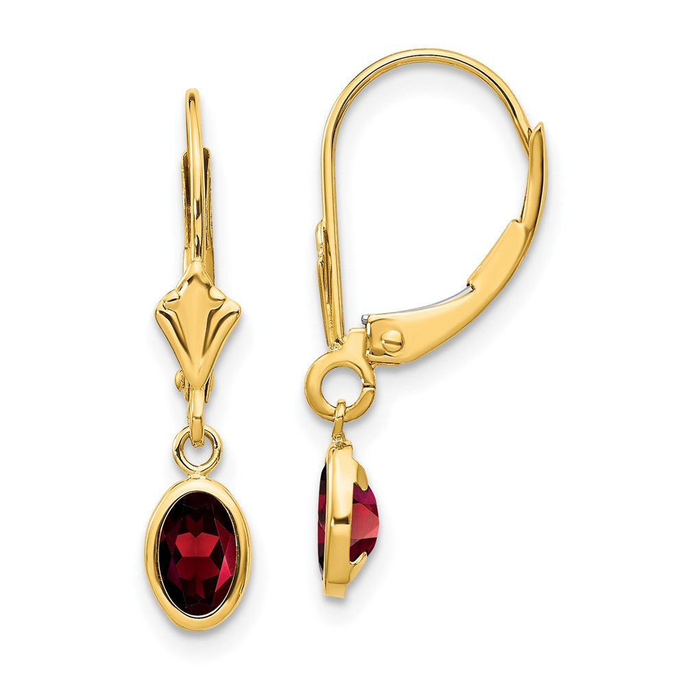 Polished;14k Yellow gold;Leverback;Genuine;Garnet;Bezel;Oval