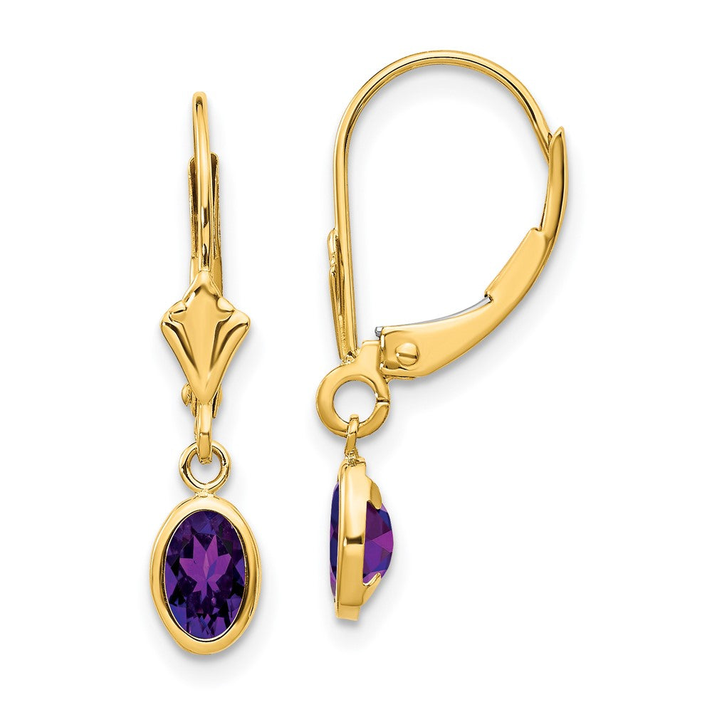 Polished;14k Yellow gold;Leverback;Genuine;Amethyst;Bezel;Oval