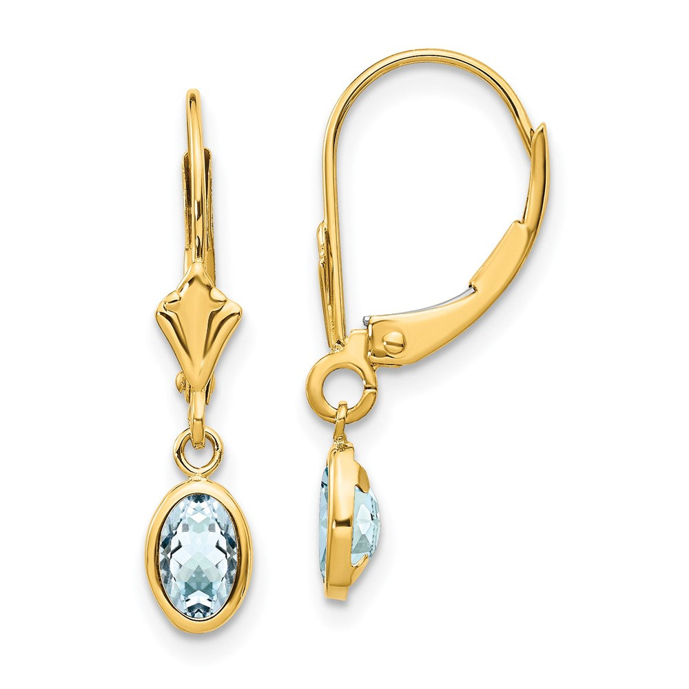 Polished;14k Yellow gold;Leverback;Genuine;Aquamarine;Bezel;Oval